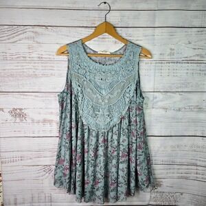 Indigo Thread Co. XL Sage Green Floral Crochet Lace Boho Sleeveless Tunic Top